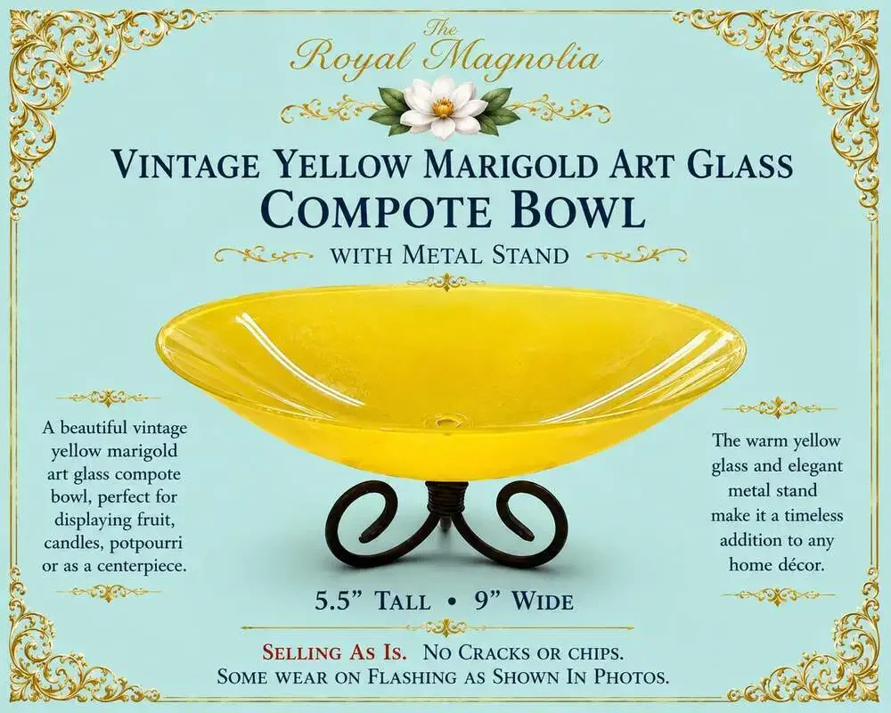 Vintage Yellow Marigold Art Glass Compote Bowl with Metal Stand